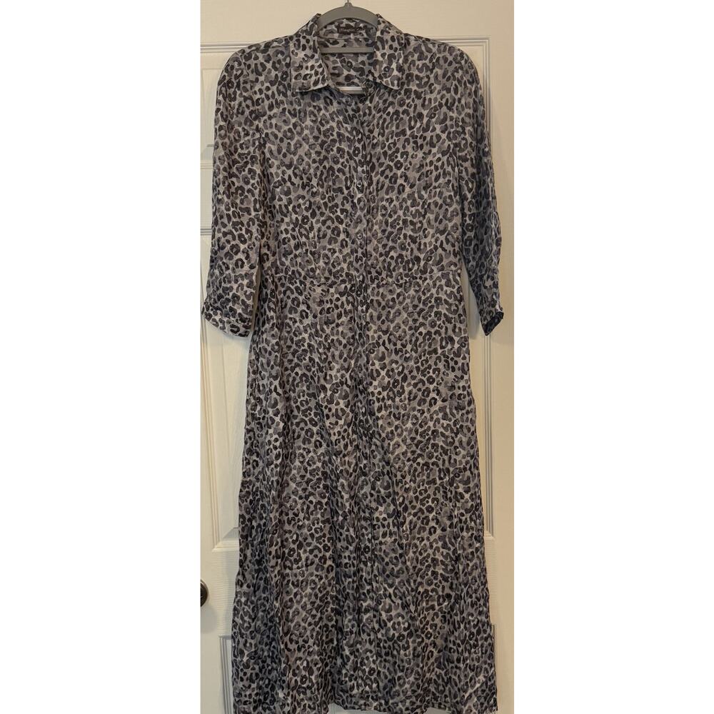 J McLaughlin Paloma Shirtdress Sz XS Silk Blend Leopard‎ Print Semi-sheer Midi